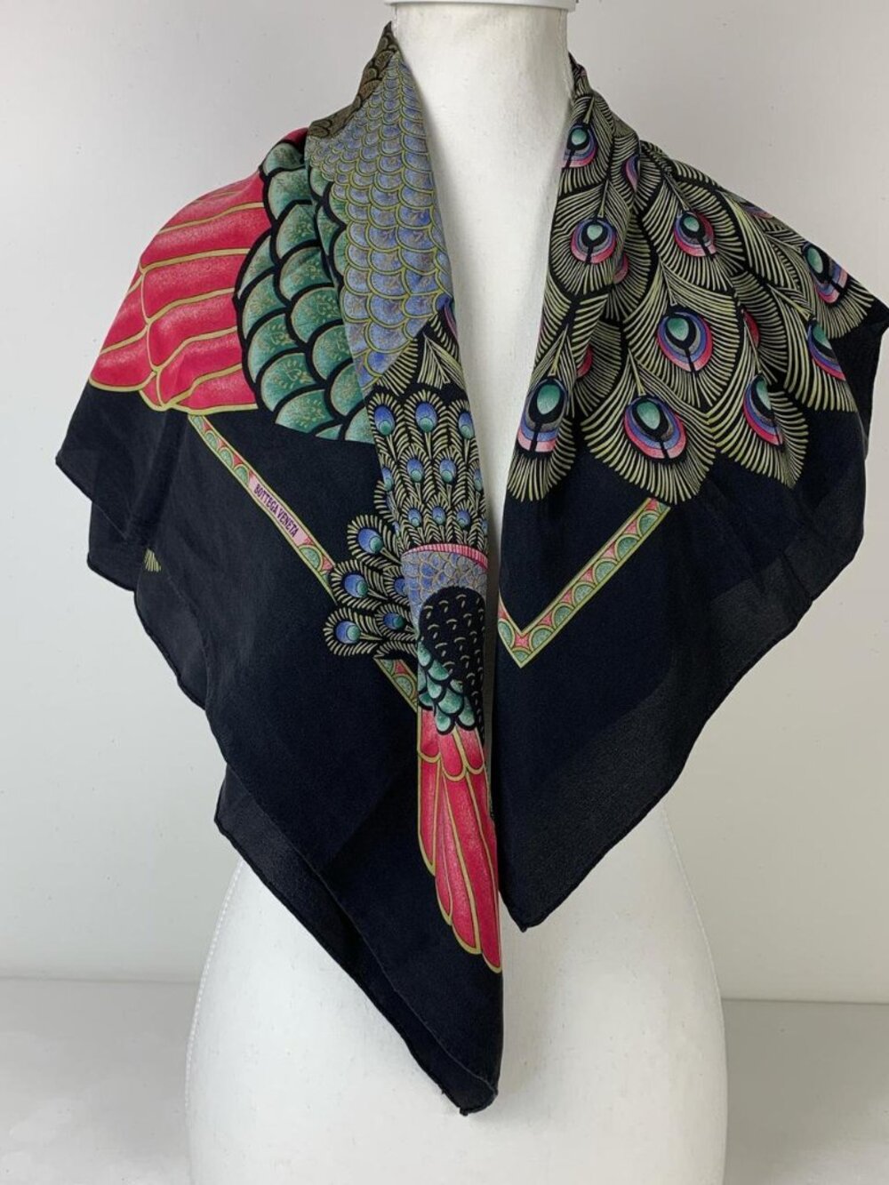 Bottega Veneta Black Peacock Motif Silk Scarf - Luxurious 34x34 Heavy Silk